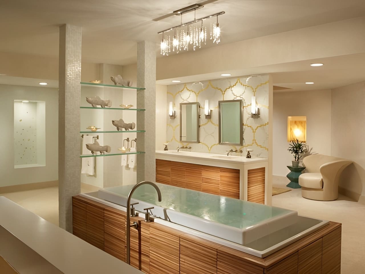 Soft lighting in modern spa bathroom